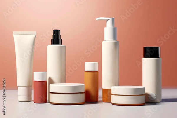 Fototapeta Cosmetic packaging containers for skincare on store shelf, skin care set for daily routine. Beauty product mock-up. Set of unbranded bottles and tubes for design packaging. Beauty and spa concept
