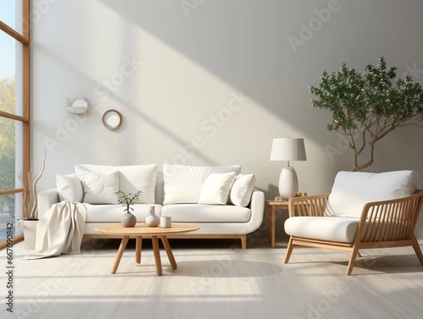 Fototapeta Modern living room, white interior, subtle furniture in the space, empty mock-up wall, clean wall