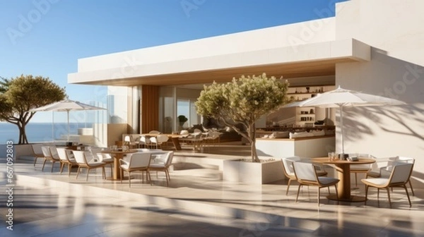 Fototapeta A serene and elegant outdoor setting with inviting furniture beneath the blue sky, surrounded by lush trees and a stunning building, creating the perfect oasis for a resort or hotel experience