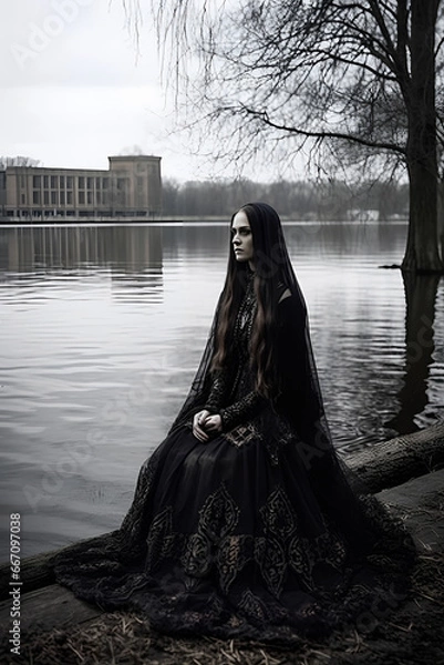 Fototapeta Beautiful girl in black dress sitting near the lake river. Gothic image, dark academy. Mysticism and mourning.