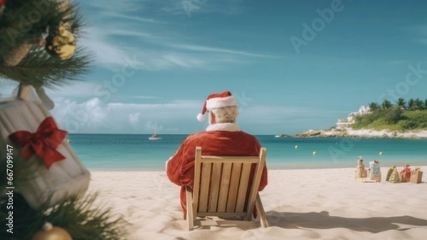 Fototapeta Santa Claus Relaxing on a Sandy Beach with a Christmas View from Behind for a Festive Holiday in July