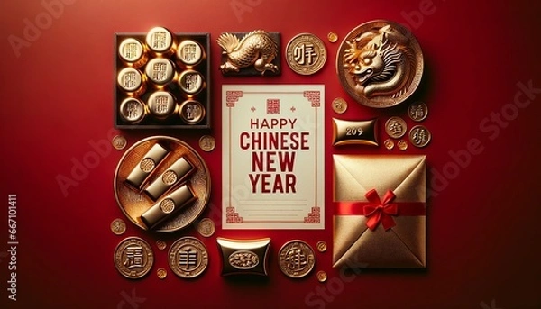 Fototapeta Luxurious Chinese New Year: Gold Elements on Red Background

