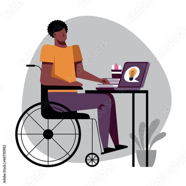 Fototapeta A vector image of a black student in a wheelchair while the remote study.