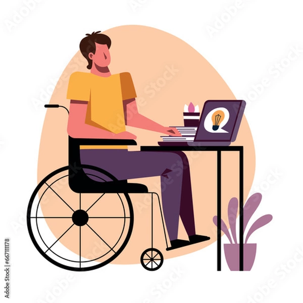 Fototapeta A vector image of a student in a wheelchair while the remote study.