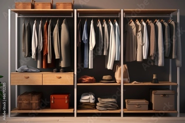Fototapeta A walk-in closet showcasing a vast collection of clothing options. This image can be used to depict fashion, wardrobe choices, or the concept of abundance