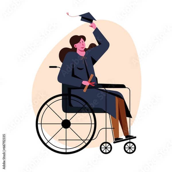 Fototapeta A vector image of a student in a wheelchair in an academic dress.