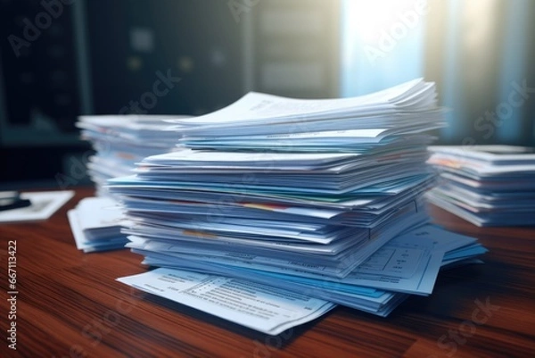 Obraz A pile of papers sitting on top of a wooden table. Suitable for office, business, or administrative themes