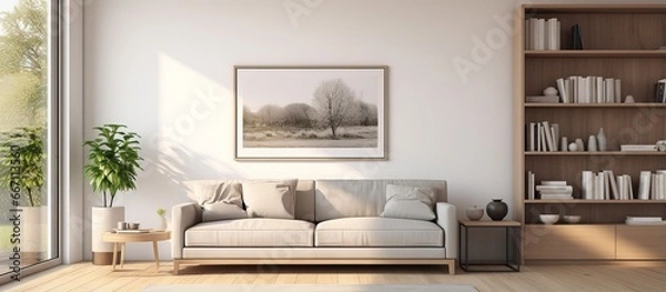 Fototapeta Modern living room with monochrome walls large window wooden floor cozy couch with pillows and bookshelf Empty vertical poster frame visualization