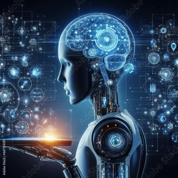 Fototapeta Artificial Intelligence, Artificial Intelligence Technology, Machine Learning, Data Exchange, Deep Learning, Industry, and Businesses to Adopt New Policies and Technologies to Effectively Support It.