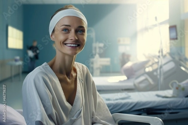 Obraz A woman is pictured sitting in a hospital bed. This image can be used to depict a hospital scene or to illustrate concepts related to healthcare and medical treatment