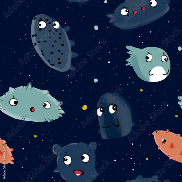 Fototapeta Diverse underwater world. Seamless tileable pattern of various aquatic creatures swimming in the deep blue ocean. Biodiversity of the oceanic fauna. Many different creatures that live in the ocean