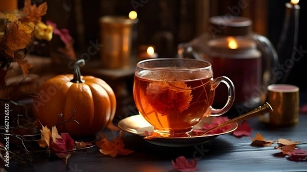 Fototapeta Pumpkin spice cup of tea stock photo, cozy teatime autumn drink