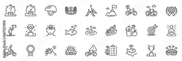 Obraz Icons pack as Winner ribbon, Arena stadium and Maggots line icons for app include Laureate award, Diet menu, Yoga outline thin icon web set. Yoga mind, Target goal, Quiz pictogram. Vector