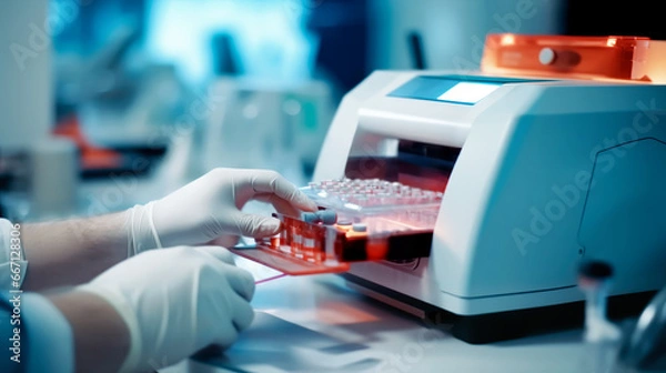 Fototapeta hand of researcher working with microplate for elisa analysis in machine. Doctor working with panel microplate for analysis and diagnostic in the laboratory. 