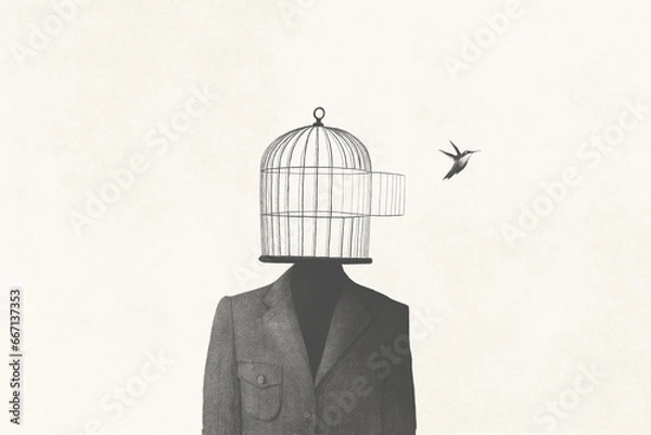 Obraz Ilustracja człowieka z otwartą klatką ptaków nad głową, surrealistyczna koncepcja wolności