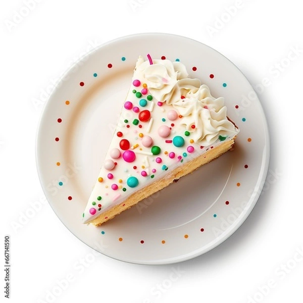 Fototapeta Overhead view of a slice of birthday cake on a party plate. isolated against a plain white background