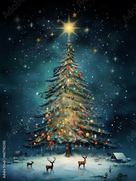 Obraz Christmas tree poster card background design, new years illustration