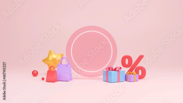 Fototapeta Colorful gift package with ribbon, concept for birthdays, holiday events or other celebrations. Gift boxes with Christmas and New year sale minimal background. Copy space. 3d rendering illustration