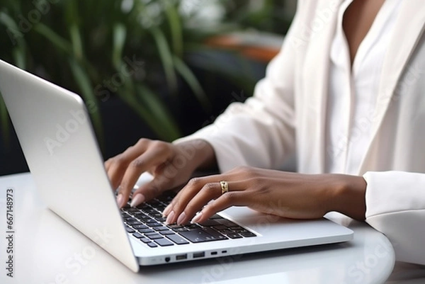 Obraz  close up female hands typing on keyboard pc, working /chatting indoor environment