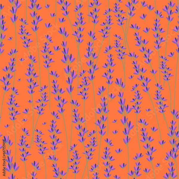 Obraz Floral seamless pattern depicting small purple wildflowers on long green stems on an orange background