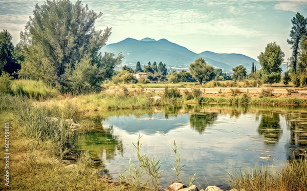Fototapeta Small lake near the road in the foothills on a summer day