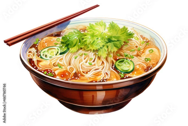 Obraz Watercolor bowl of noodles or ramen soup with meat and vegetables isolated on transparent png background, instant noodle for fast cooking.