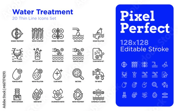 Obraz Water treatment thin line icons set: sewage treatment, water filtration, wastewater, ocean pollution, cleanup, clean water act, chlorinated, ultraviolet cleaning. Editable stroke. Vector illustration.