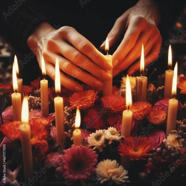Fototapeta Close-up of hands lighting candles between flowers on graves, representing the act of remembrance. Generative Ai.