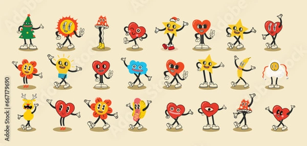 Fototapeta Groovy hippie love sticker character. Comic happy hearts, sun, stars, cloud character in trendy retro 60s 70s cartoon style. Vintage isolated vector illustration.