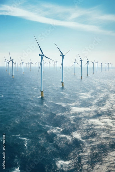 Obraz Offshore wind turbines are part of renewable and clean energy in choppy ocean background