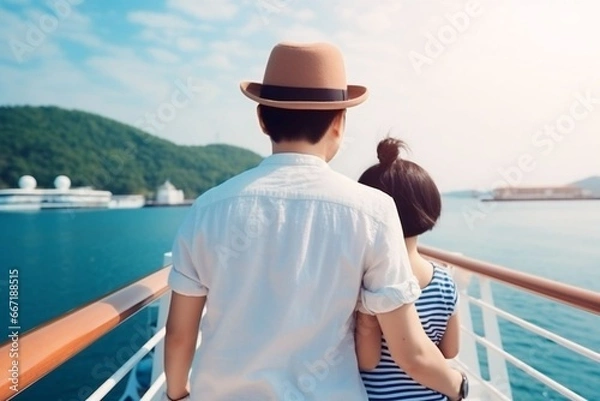 Fototapeta Asian child girl traveling on a cruise ship with her father they enjoy the beautiful sunny atmosphere on the ship