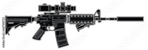 Obraz Vector drawing of an popular M4 assault rifle with adjustable stock, optical sight, silencer and the triangle front grip on a white background. Black. Right side.