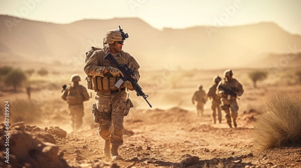Obraz Group of infantrymen patrol area unwavering watching for signs of potential threats. Infantrymen with rifles prepared diligently patrol area with eyes scanning for indicators of possible dangers