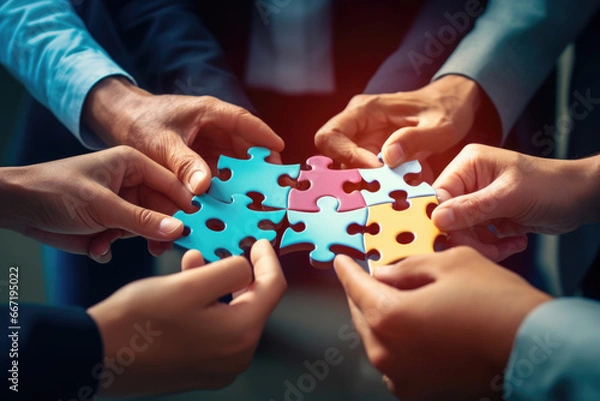 Obraz Business hands, puzzle and group of people for solution, teamwork and goals, integration and success. Team building, synergy and collaboration