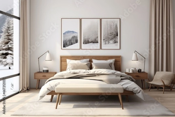 Fototapeta Mid Century Modern Bedroom With Winter Theme