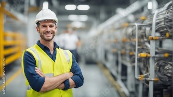 Fototapeta Portrait of a happy european factory worker wearing hard hat and work clothes