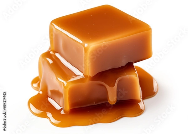 Obraz Two pieces of toffee topped with melted caramel isolated on a white background.