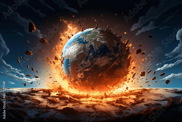 Fototapeta Planet Earth burning and being destroyed by climate change. Perspective of the end of the world. Cartoon style. Generative IA