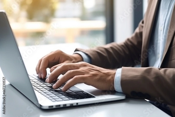 Fototapeta Close-up Portrait of Typing Keyboard on Laptop: Online Work and Communication