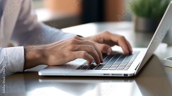 Fototapeta Close-up Portrait of Typing Keyboard on Laptop: Online Work and Communication