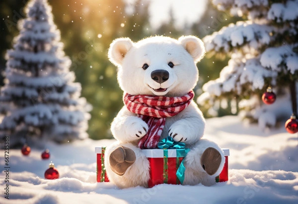 Obraz Festive Teddy Bear Delivers a Gift in Snowy Woodland