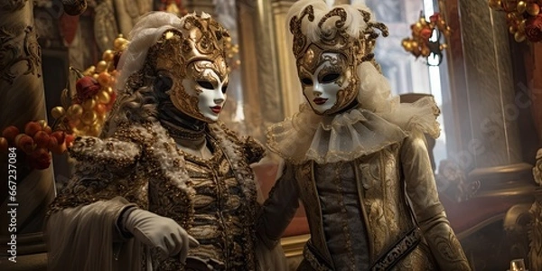 Fototapeta Golden and luminous dancing Venetian carnival mask, with luminescent opals