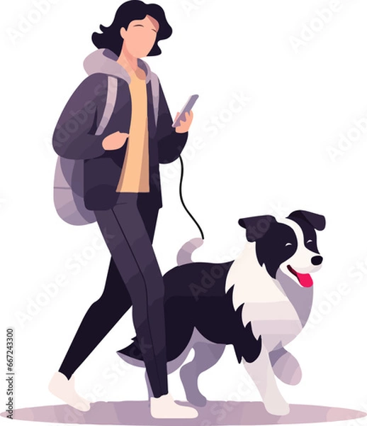 Fototapeta Happy person walking their dog  flat illustrations vector