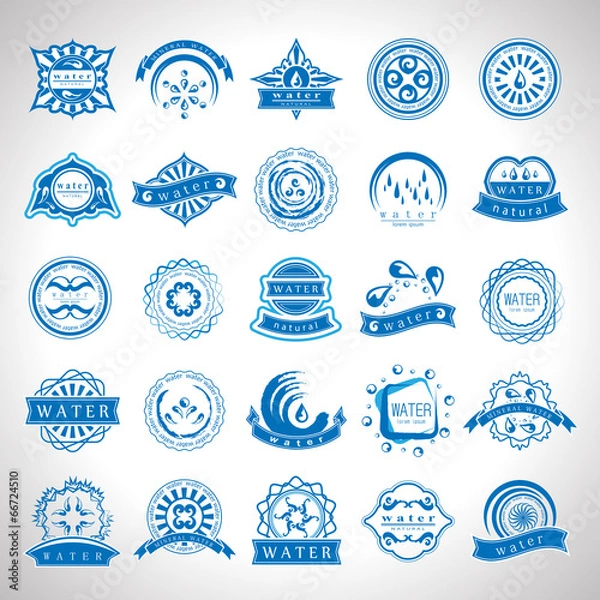 Fototapeta Water And Drops Labels Set - Isolated On Gray Background