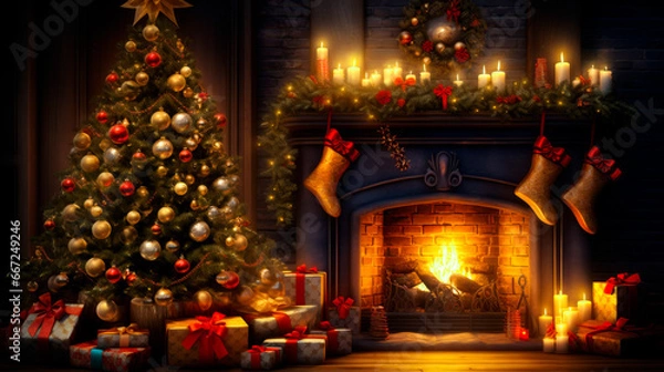 Fototapeta A room with a fireplace decorated with Christmas decorations with a tree and New Year's gifts