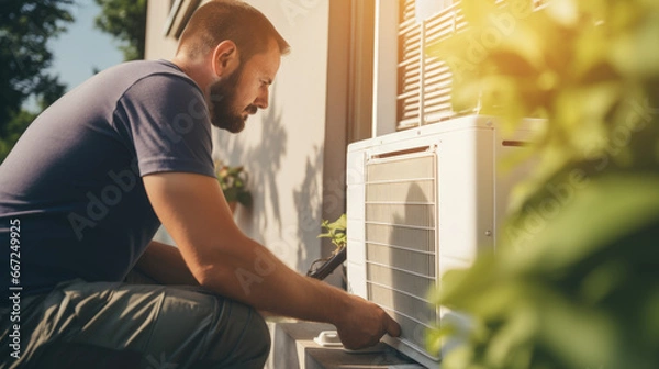Obraz Electrician installing a heat pump
