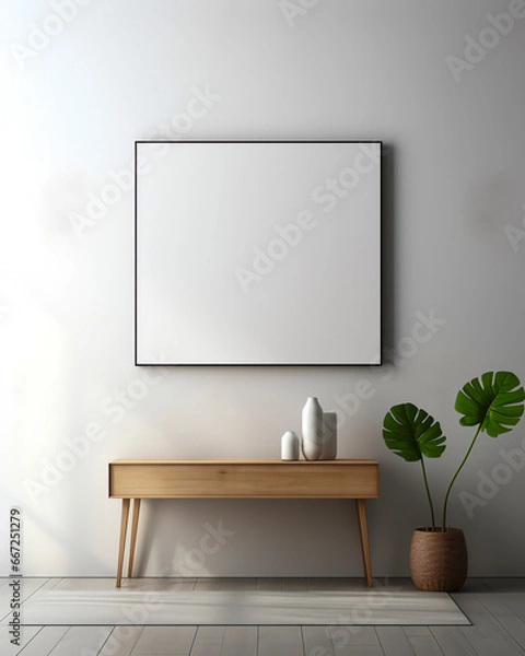 Fototapeta Minimalist Console, Geometric Mirror Above on Polished Concrete Flooring, Mock Up on Grey Wall. Minimalist Serenity Hallway.