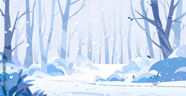 Fototapeta Winter forest view, outdoor recreation place. Winter Landscape with snow. Snowy background. Snowdrifts. Snowfall.