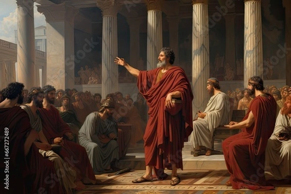 Obraz Marcus Aurelius, the great philosopher and emperor standing in front of a group of judges and citizens, with an expression of calm and wisdom.