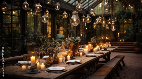 Obraz Elegant Wedding Table: A Terrace Bathed in Warmth and Light. Generative AI